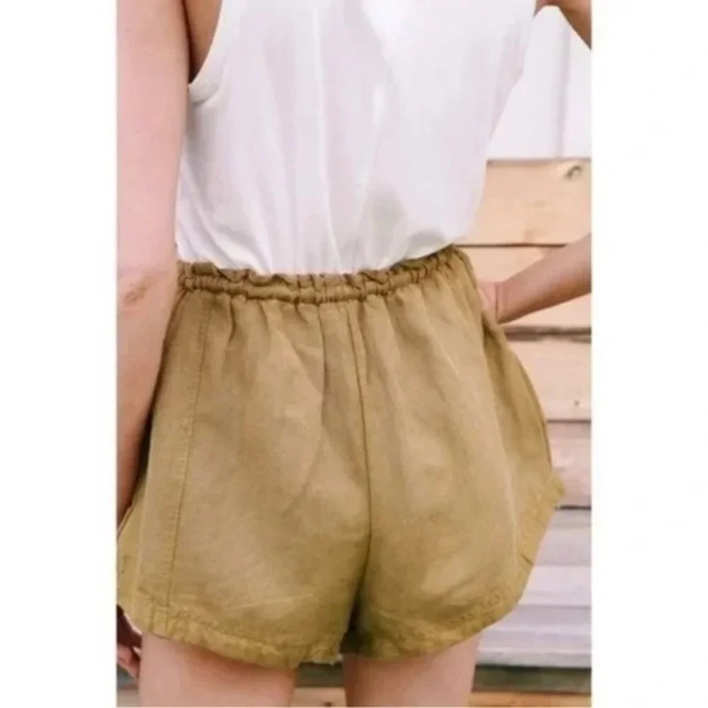 Free People Mirella Linen & Cotton Drawstring Shorts in Olive‎ Green Size S